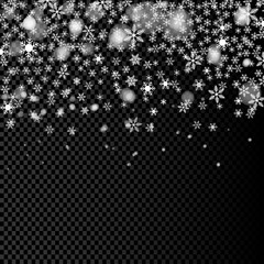 eps 10 vector falling snow on transparent background. Realistic Christmas snowfall with bokeh photo effect. Beautiful overlay for web, print and design. Greeting card, calendar, magazine cover, poster