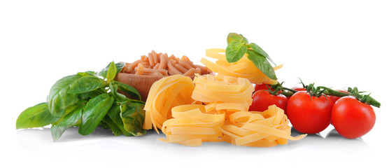Pasta and tomatoes on white background