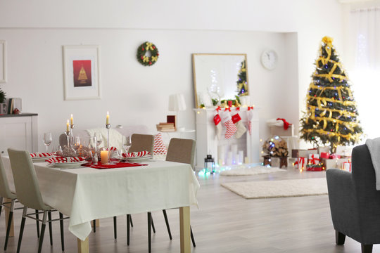 Table Served For Christmas Dinner In Living Room