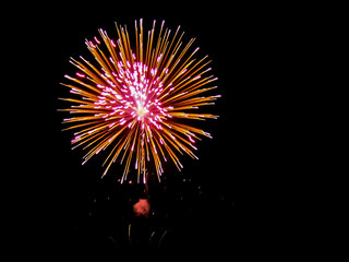Brightly Colorful Fireworks isolated black background. New Year celebration fireworks.