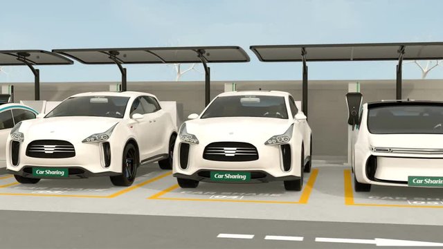 Car sharing station on the corner of the street.  3D rendering animation.