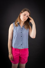 Beautiful woman doing different expressions in different sets of clothes: suicide