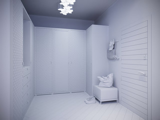 3d illustration hall interior design in a modern minimalist style. The interior in black and white, without textures