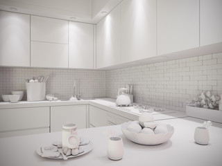 Naklejka na ściany i meble 3d illustration of a townhouse interior design kitchen in a modern, minimalist style. The interior in black and white, without textures