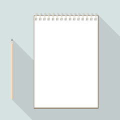 to left handed top view of flat vector design pencil and notebook with blank white sheet on background with long shadow effect