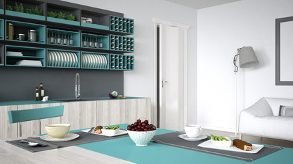 Minimalistic gray kitchen with wooden and turquoise details, veg