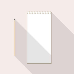 to left handed top view of flat vector design pencil and notebook with blank white sheet on background with long shadow effect