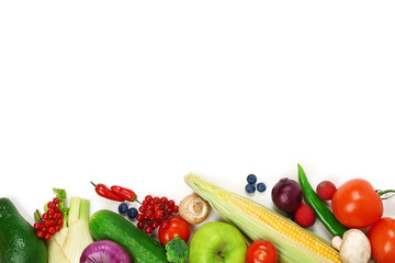 Fresh vegetables and fruit on white background