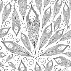 Tapeten Pfau Pfauenfeder Vektor nahtlos. Schwarz-weißes dekoratives Muster mit Vogelfedern. Design für Hintergrund, Tapete, Malbuch, Geschenkpapier oder Dekorationselemente.