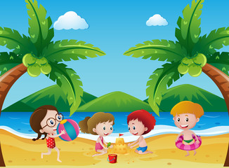 Scene with children playing on the beach