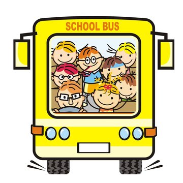 Yellow  school bus and children, vector icon. Humorous illustration.