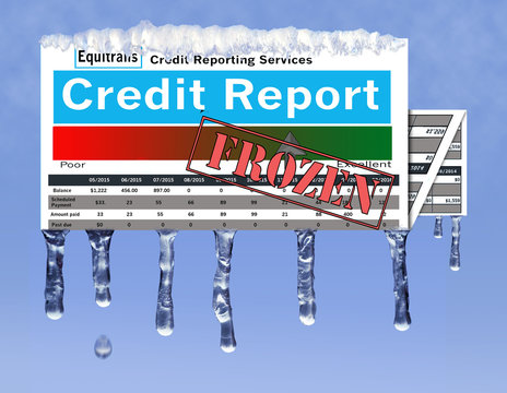Credit freeze, also known as a frozen credit report is illustrated with a  mock credit report marked "frozen" with icicles and snow on the report  Stock Illustration | Adobe Stock