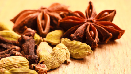 Spices cardamom anise stars and cloves