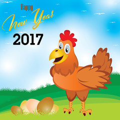 Happy New Year and Chicken on the meadow with beautiful sky.