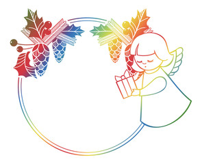 Gradient Christmas frame with cute angel. Copy space. 