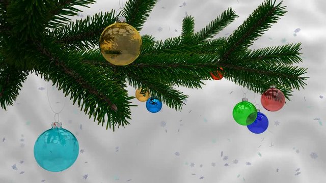 Christmas tree branch with glass and mirror balls rotating 3D render animation