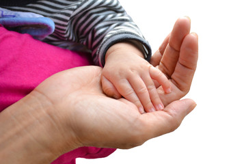 Hand of adult and hand of baby touch together on white background isolate