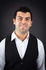 Handsome man doing different expressions in different sets of clothes: smile