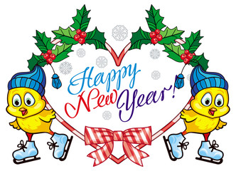 Holiday label with cute chicken and greeting text: