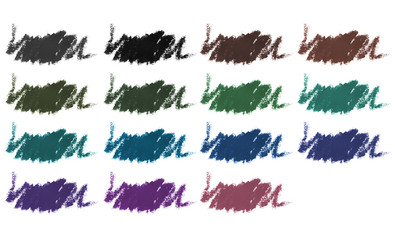 Full set of color cosmetic eye pencil strokes, fifteen beauty product samples isolated on white background