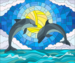 Naklejka premium Illustration in stained glass style with a pair of dolphins on the background of water ,cloud, sky and sun