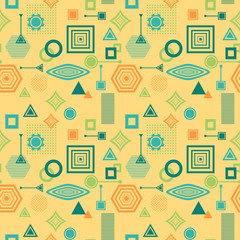 Abstract seamless pattern in postmodern Memphis Style blue green on yellow beige