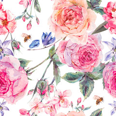Watercolor spring seamless border with english roses