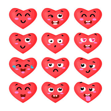 Vector illustration of the set of heart emoticons isolated on white background. Eps 10