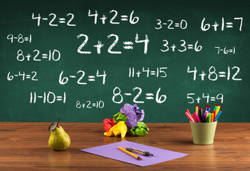 School blackboard with pile of books