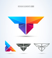 Abstract vector letter t logo icon set. Wings, butterfly, airplane icons collection. Logo elements set.