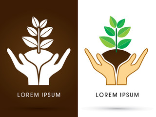 Hands holding tree with leaf graphic vector