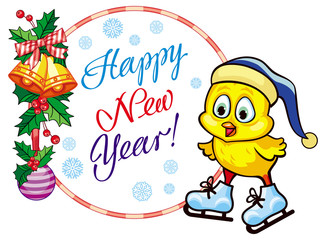 Holiday label with cute chicken and greeting text: