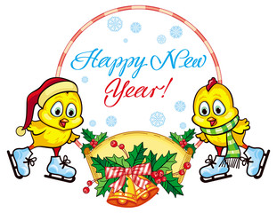 Holiday label with cute chicken and greeting text:"Happy New Year!". Copy space.