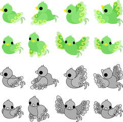 Obraz na płótnie Canvas The illustration of cute little green birds of a mysterious design