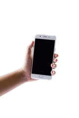 Hand play on mobile touch screen on white isolate background