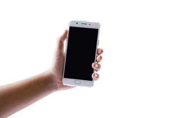 Hand play on mobile touch screen on white isolate background