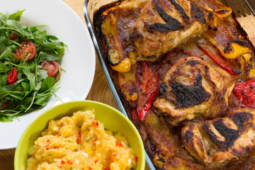 Chicken , potatoes with feta and arugula