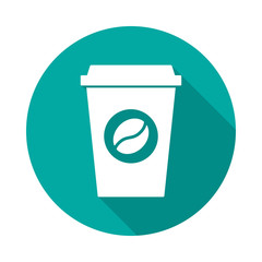 Coffee cup icon with long shadow. Flat design style. Round icon. Coffee cup silhouette. Simple circle icon. Modern flat icon in stylish colors. Web site page and mobile app design vector element.