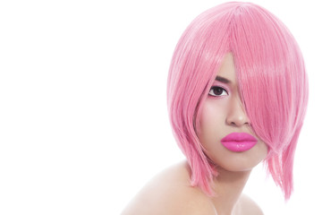 Young beautiful asian girl with stylish pink bob haircut over white background