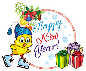 Naklejka premium Holiday label with cute chicken and greeting text:
