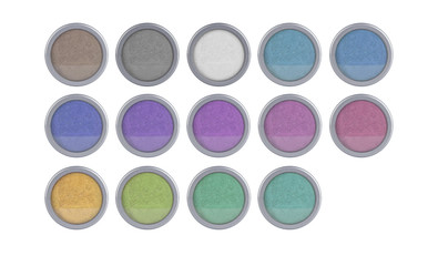 Full set of color cosmetic eyeshadow powder with glitter particles, in round grey container, beauty product isolated on white background