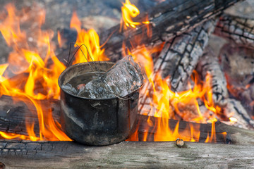 Cooking in the nature. Cauldron with ice on fire in forest.