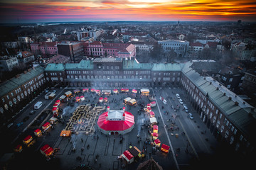 Szeged Advent Christmas Market aerial view panorama at sunset. HDR Image.