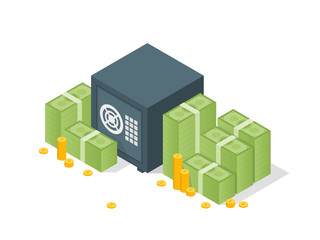Obraz premium Bank safe with money dollar stacks. Safe open with money. Vector 3d isometric illustration