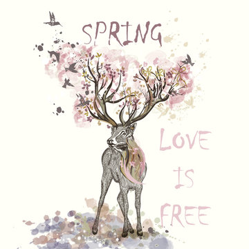  illustration with hand drawn deer, flowers in it horns and bran