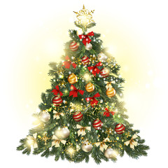 Christmas decorated tree with baubles, stars, snowflakes and lig