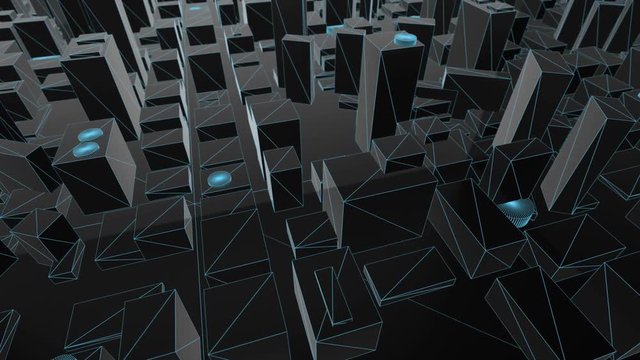 Seamless looping animation of a Blue Wireframe 3D city map fly by