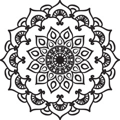 Drawing of a abstract vector with floral round lace mandala, decorative element in ethnic tribal style, black line art on a white background