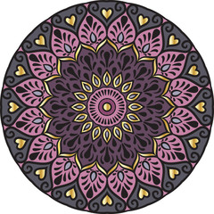 Drawing of a floral mandala in gold, violet and  maroon colors on a white background. Hand drawn tribal  vector stock illustration