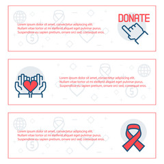 Simple banners set of charity, sponsorship,donation and donor items. Vector illustration.